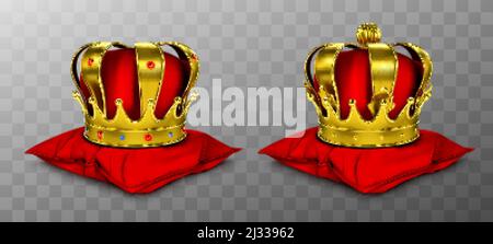 Corona reale d'oro per re e regina su cuscino rosso. Corona d'oro di lusso con gemme, diadema medievale per principe, principessa o imperatore Illustrazione Vettoriale