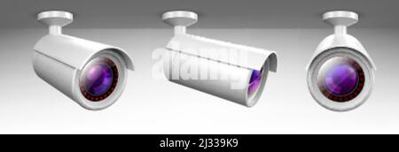 Telecamera di sicurezza, telecamera cctv, apparecchiature di sorveglianza per l'osservazione stradale, angolo di visione frontale e laterale. Protezione sicura degli occhi e prevenzione della criminalità isolata su wh Illustrazione Vettoriale