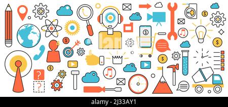 Servizio di supporto online per i clienti. Processo globale astratto di lavoro di call center, hotline per informazione e comunicazione, gestione del tempo in banner di concetto infografico, design di arte sottile Illustrazione Vettoriale