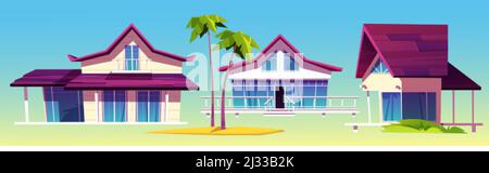 Case estive, bungalow sulla spiaggia di mare, architettura alberghiera tropicale e palme. Set di cartoni animati vettoriali di ville moderne per vacanze e resort in exot Illustrazione Vettoriale