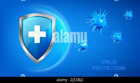 Banner di protezione antivirus con schermo, croce e batteri cellule piked volare su sfondo blu. Anti batterico o germe difesa, sistema immunitario proteggere m Illustrazione Vettoriale