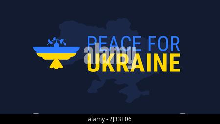 Bandiera Ucraina per la pace - Mappa Ucraina e logo di una colomba di pace in colori nazionali ucraini giallo e blu su sfondo nero - illustrazione vettoriale Illustrazione Vettoriale