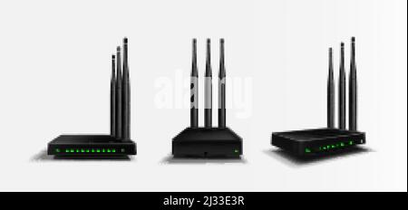 Dispositivo domestico nero con tre antenne e indicatori verdi illuminati per la connessione wireless a Internet. Moder Illustrazione Vettoriale