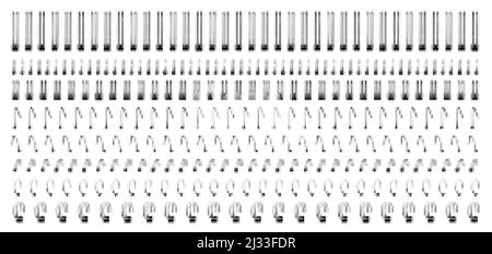 Spirali per notebook, legature ad anello in acciaio e molle per calendario, diario, blocco note, copertina o fogli per opuscoli, cuciture metalliche isolate in bianco Illustrazione Vettoriale