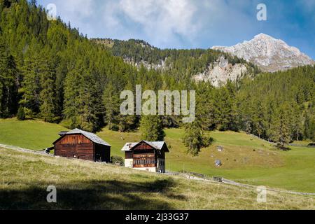 Pittoresca fattoria di montagna di fronte al suggestivo sfondo del Peiterkofel, Alto Adige, Italia, Europa Foto Stock