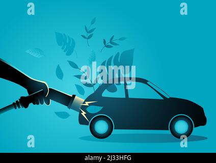 Illustrazione vettoriale della mano che tiene un cavo di alimentazione per caricare auto elettrica, concetto per energia alternativa o rinnovabile Illustrazione Vettoriale