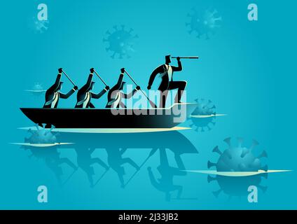 Uomini d'affari che remano in barca sul mare pieno di virus, squadra che lavora per affrontare la pandemia, sconosciuto, imprevedibile nel business Illustrazione Vettoriale