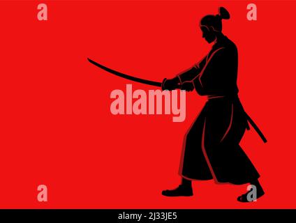 Semplice illustrazione vettoriale piatta di un Samurai su sfondo rosso Illustrazione Vettoriale