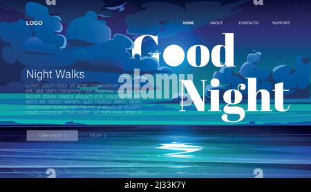 Banner passeggiate notturne. Tour serale a piedi sulla spiaggia dell'oceano. Landing page vettoriale con paesaggio estivo di cartoni animati con mare, coste e nuvole Illustrazione Vettoriale
