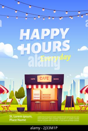 Poster con happy hour con caffè all'aperto e spuntini. Cabina in legno, tavoli, sedie e ombrellone, menu piante e lavagna, caffè Street food Illustrazione Vettoriale