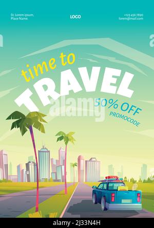 Buono viaggio con paesaggio estivo, città e auto con bagaglio su strada. Volantino vettoriale con codice promozionale per il viaggio di vacanza. Illustrazione cartoon di tropica Illustrazione Vettoriale