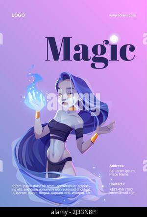 Poster Magic show con la ragazza mistica tenere fuoco blu a portata di mano. Vector Flyer con cartoon illustrazione di wizard fiabesco o genie donna con capelli lunghi An Illustrazione Vettoriale