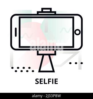 Moderna illustrazione vettoriale del disegno a linea piatta modificabile, icona selfie su sfondo astratto, per grafica e web design Illustrazione Vettoriale