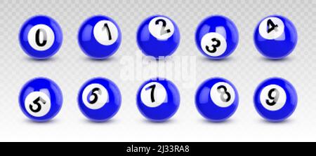 Palline da biliardo blu con numeri da zero a nove. Set vettoriale realistico di palle lucide per il gioco di biliardo o la lotteria. Sfere lucide con riflessi e s. Illustrazione Vettoriale