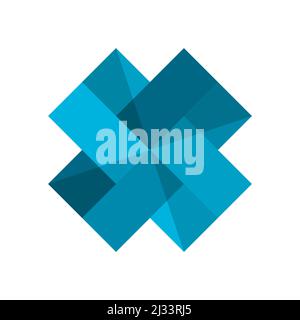 Modello con logo X blu. Croce monocromatica con ombreggiatura. Modello di logo di identità del marchio. Lettera X simbolo del monogramma. Forma quadrata astratta fatta vettore Illustrazione Vettoriale