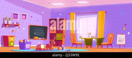 Interno sala giochi per bambini, spazio nido vuoto interno con giochi montessori, mobili in legno, mensole e attrezzature per giochi e studio, bl Illustrazione Vettoriale