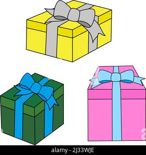 Collezione di confezioni regalo colorate con sfondo bianco Foto Stock