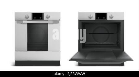 Forno, elettrodomestici da cucina, cucina aperta o chiusa vista frontale. Tecnologia domestica con display digitale e interruttori. Apparecchiature Home TECH isolate Illustrazione Vettoriale