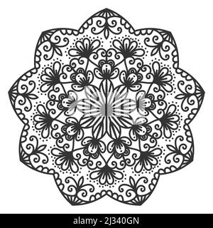 Mandala floreale rotonda. Ornamento circolare in stile orientale. Tatuaggio all'henné, mehndi. Motivo decorativo per tatuaggio, logo etichetta. Illustrazione Vettoriale