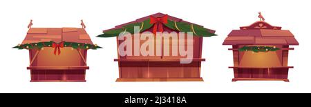 Christmas market stalls, wooden festival kiosks for sale food, gifts, tickets or souvenirs. Vector cartoon set of traditional fair booths with pine br Stock Vector
