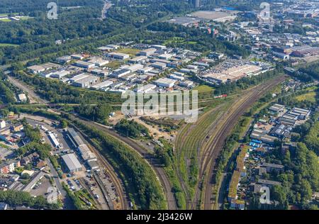 Fotografia aerea, terreno edificabile a Gleisdreieck vicino alla stazione centrale di Oberhausen e alla zona industriale Max-Planck-Ring, Marienviertel, Oberhausen, Ruhr A. Foto Stock