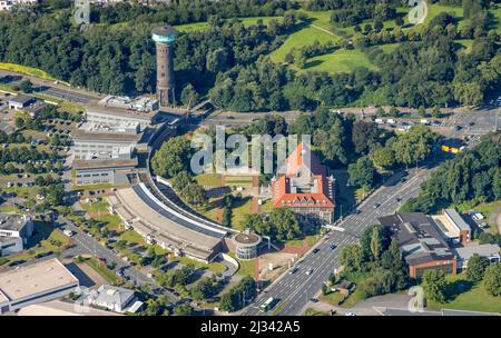 Vista aerea, TZU Technology Center for Environmental Protection Management e RWW Water Tower nel Marlenviertel East, Oberhausen, Ruhr Area, North Foto Stock