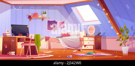 Camera da letto della ragazza sudicia sulla mansarda. Vettore cartoon interno di mansarda con mobili e vestiti sporchi, letto non fatto e spazzatura. Camera adolescente con caos, unma Illustrazione Vettoriale
