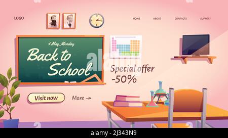 Torna alla pagina di destinazione cartoon scuola con offerta speciale di vendita promozionale. Vuota classe con chimica che studia materiale o libri di testo sulla scrivania dello studente e blac Illustrazione Vettoriale