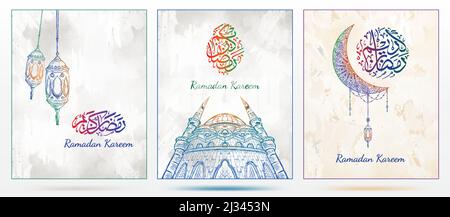 Biglietto d'auguri vettoriale Ramadan con lanterna disegnata a mano, moschea, luna a mezzaluna, mandala e calligrafia colorata. Schizzo dello stile di disegno con grunge backgr Illustrazione Vettoriale