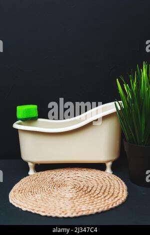 Bagno moderno con parete nera. Interni dal design minimalista e scuro. Spazio di copia. Foto Stock