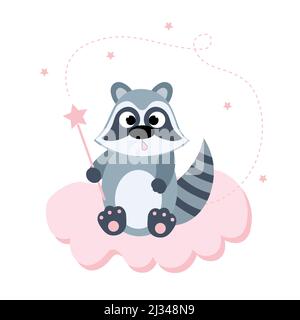 Un carino raccoon con una bacchetta magica si siede su una nuvola rosa. Cartolina o banner per bambini. Illustrazione piatta. Illustrazione Vettoriale