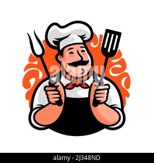 Emblema del cibo alla griglia. Chef con forchetta e spatola per logo barbecue. Illustrazione vettoriale dei caratteri cartoni animati Illustrazione Vettoriale