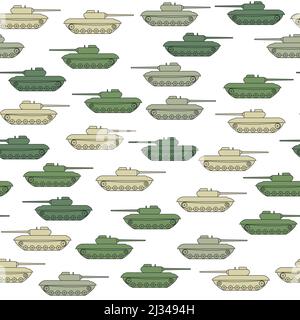 Modello senza cuciture Tank Military. Combattere il trasporto con l'arma. Macchina da guerra su sfondo bianco. Tema militare. Disegno vettoriale per tessuti, carta, Illustrazione Vettoriale