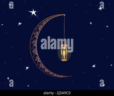 Ramadan Kareem Mubarak Golden Moon Illustrazione. Ramadan Mubarak, Ramadan Kareem. Dio benedica voi e la vostra famiglia. Risorse grafiche vettoriali per designer Illustrazione Vettoriale