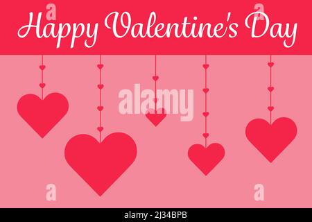 Buon San Valentino biglietto d'auguri, grandi cuori rossi su fili con un cuore piccolo, disegno piatto, illustrazione semplice Foto Stock