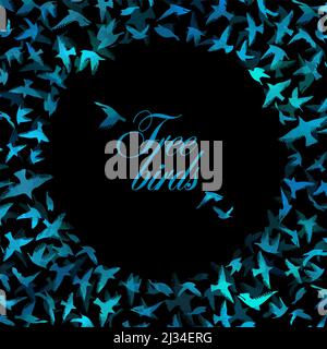 Cornice rotonda di uccelli blu volanti. Illustrazione vettoriale . Illustrazione vettoriale, modelli di disegno. Uccelli in stile piatto, un luogo per il testo. Illustrazione Vettoriale