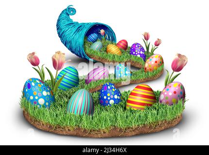 Primavera Pasqua Cornucopia corno oggetto pieno di uova decorate su erba verde su uno sfondo bianco. Foto Stock