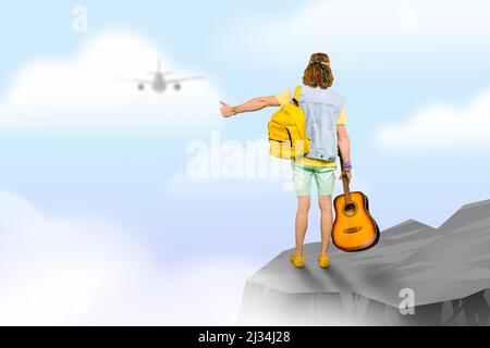 Illustrazione di hippy maschio stand alto abyss scogliera cima hitchhiking aereo futuro turismo isolato creativo cielo nuvole sfondo colorato Foto Stock