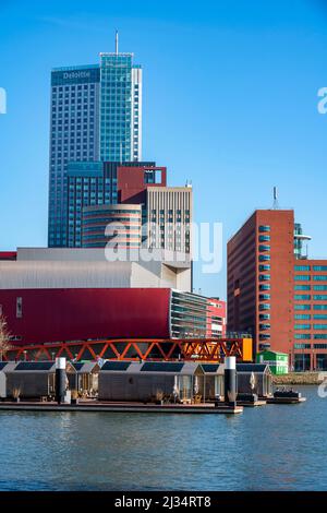 Case vacanze Wikkelboat, a Floating Rotterdam Rijnhaven, case galleggianti in legno, in affitto, nel quartiere 'Kop van Zuid', Paesi Bassi, Rijnhaven, Foto Stock