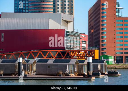Case vacanze Wikkelboat, a Floating Rotterdam Rijnhaven, case galleggianti in legno, in affitto, nel quartiere 'Kop van Zuid', Paesi Bassi, Rijnhaven, Foto Stock