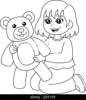 Girl Holding A Teddy Bear coloring Page isolato Illustrazione Vettoriale