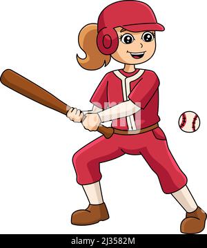 Ragazza giocando a baseball Cartoon Coloured Clipart Illustrazione Vettoriale