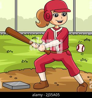 Ragazza che gioca a baseball Cartoon colorato Illustrazione Vettoriale