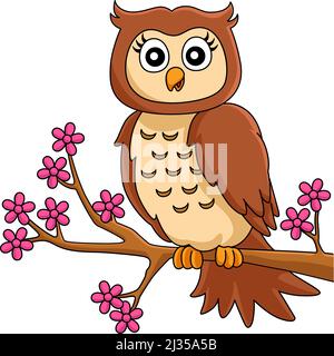 Gufo su un albero Branch Cartoon Coloured Clipart Illustrazione Vettoriale