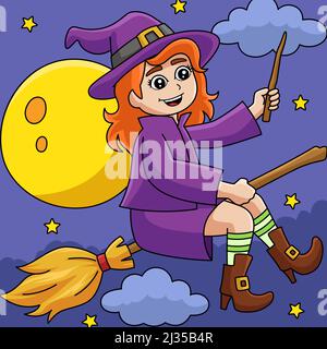 Ragazza strega su Un broomstick Illustrazione colorata Illustrazione Vettoriale