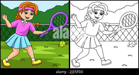 Ragazza che gioca Tennis colorazione pagina Illustrazione Illustrazione Vettoriale