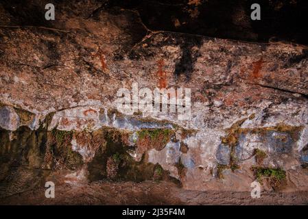 Pittogrammi antichi su una parete di grotta nel Parco Nazionale delle Canyonlands. Questa sorgente piangente è stata utilizzata per oltre 1000 anni dagli indigeni dello Utah, USA. Foto Stock