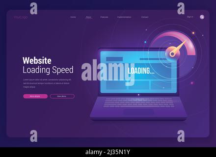 Banner velocità caricamento sito Web. Test online delle prestazioni di download della pagina Web. Pagina di destinazione vettoriale dell'ottimizzazione della connessione internet con illustri Illustrazione Vettoriale