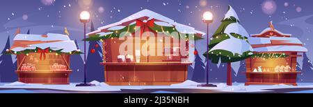 Bancarelle del mercatino di Natale, fiera invernale della strada con cabine in legno decorate con rami di abeti e ghirlande illuminanti. Chioschi con neve, tradizionali s. Illustrazione Vettoriale