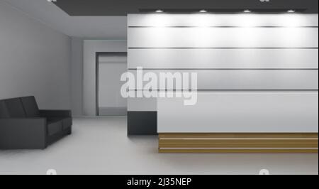 Interno della reception con ascensore, moderno atrio con scrivania, illuminazione, divano e porta dell'ascensore. Hall vuota o area lobby con luce soffusa, contemporanea Illustrazione Vettoriale